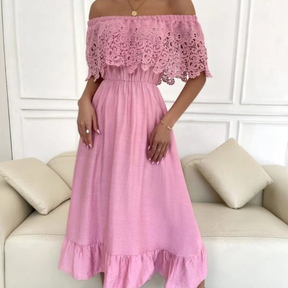 PINK Lace Overplayed ruffled Off shoulder Midi Dress - Picture 6 of 6
